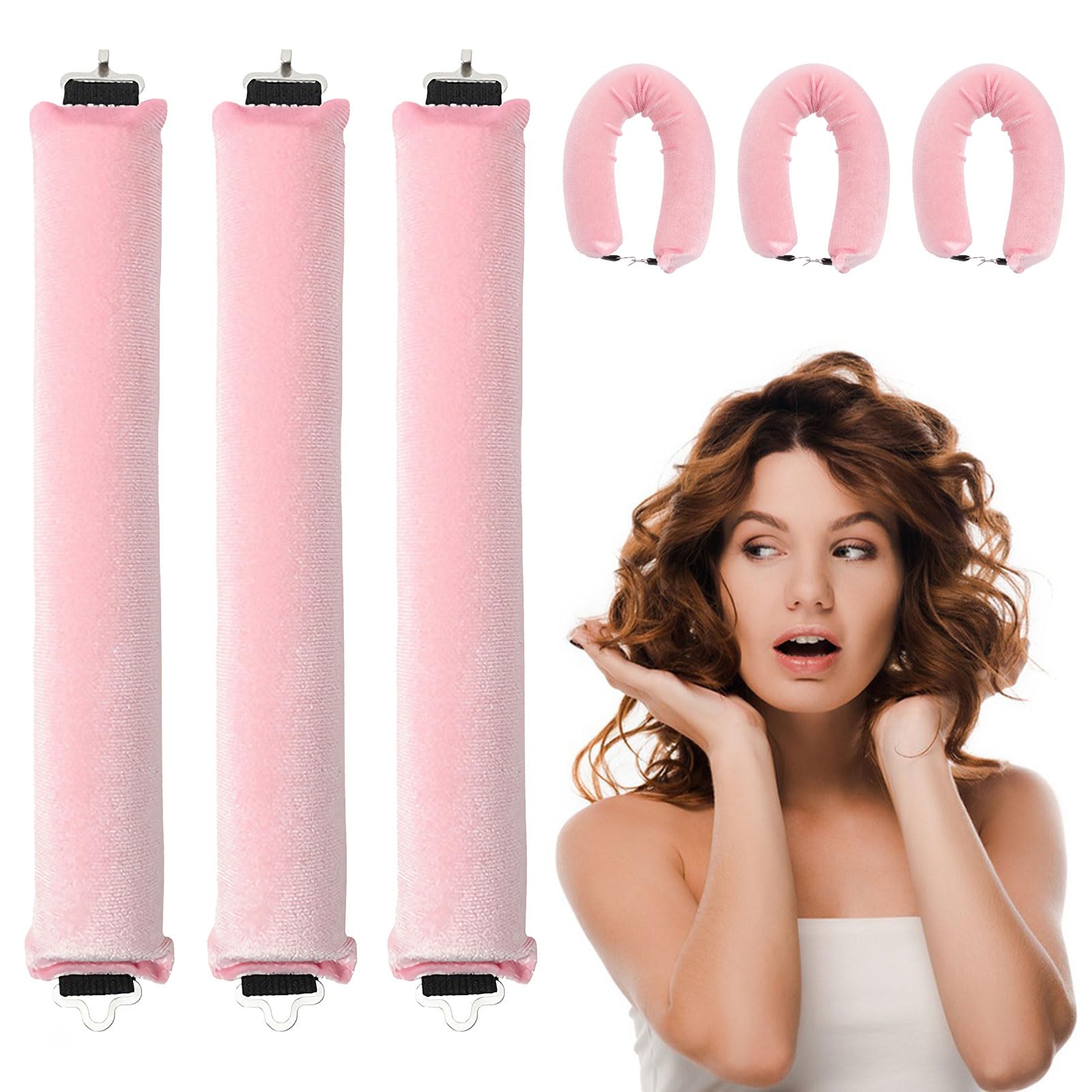 WALLFID 3Pcs Heatless Curlers,Hair Rollers for Long Hair,Hair tools for wavy hair curler styling,Overnight Heatless Hair Curlers,DIY Hair Styling Appliances (Pink)