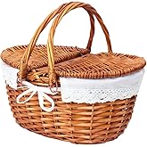 Geytetqi Wicker Picnic Basket with Lid, Wicker Picnic Hamper with Removable Lining and Foldable Handles, Woven Picnic and Outdoor Basket for Camping, Picnics, and Outdoor Adventures