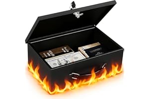 KYODOLED Fireproof Document Box with Key Lock, Small Lock Boxes for Personal Items, Fire and Water Resistance, Fireproof Safe Box for Documents, Jewelry, Passport, Cash, 12.6'' x 8.3'' x 4.3'' Black
