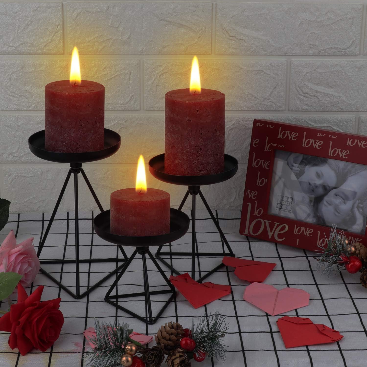 Bikoney Candle Holder for Home Decor Candleholder for Pillar Candle Metal Geometric Candlesticks Set of 3 Black 7.25", 5.5", 4.5": Kitchen & Dining