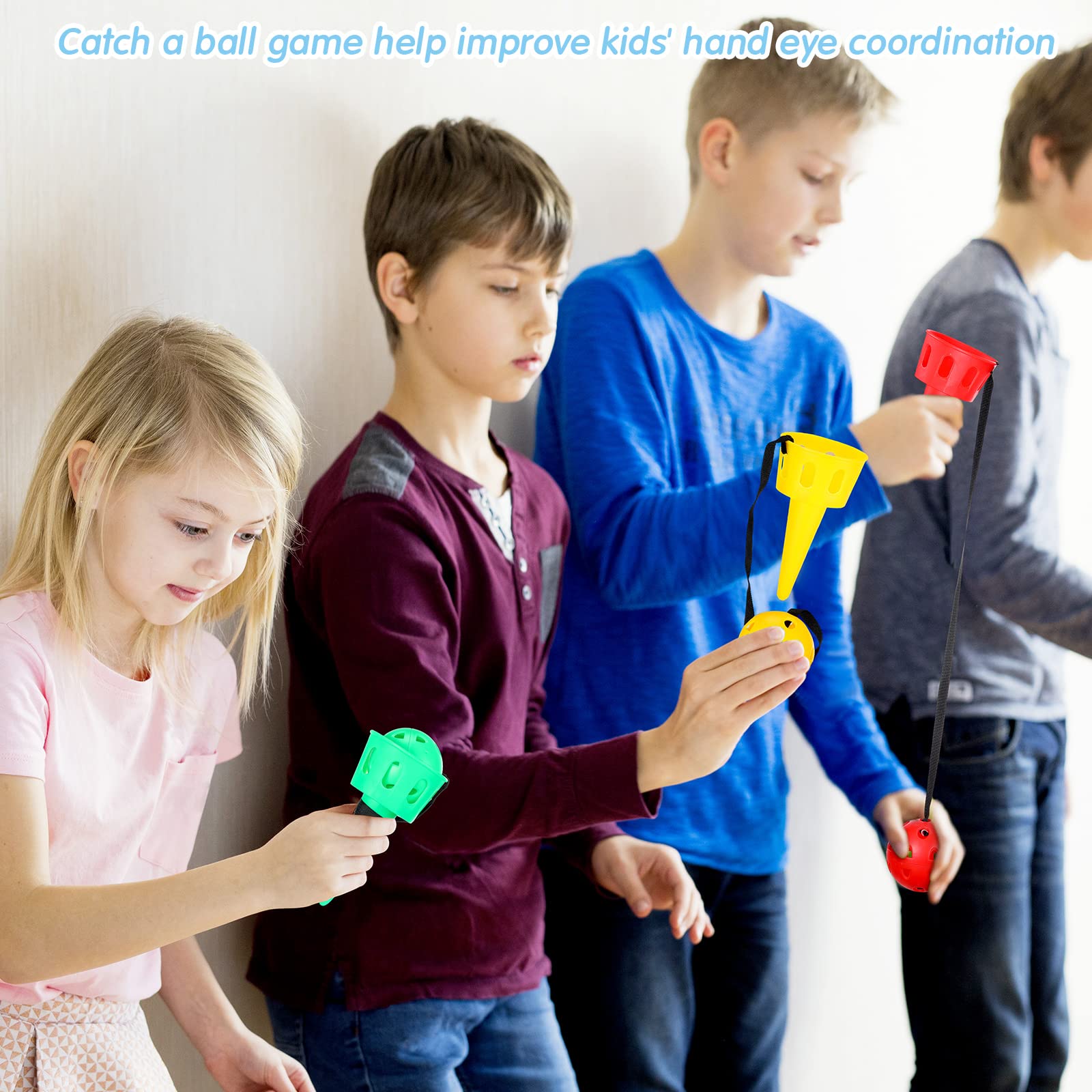 10 Pieces Throw and Catch Set Game - Kids Hand Eye Coordination With String - Outdoor Party Game for Yard, Lawn, Camping - 5 Colors