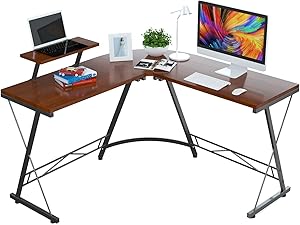 Foxemart L Shaped Desk Home Office Desk with Round Corner Modern Sturdy Computer Desk with Large Monitor Shelf for Workstation, Bedroom, Living Room, Teak