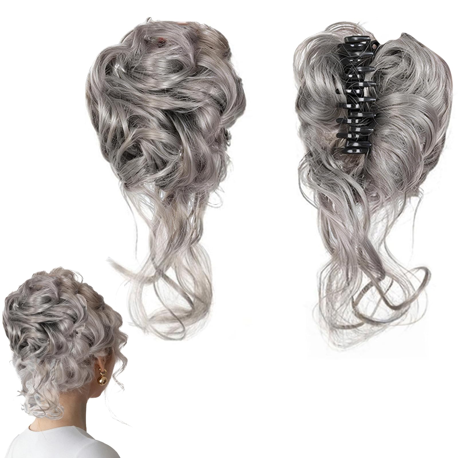 Traziewell Messy Bun Hair Piece Hair Scrunchies for Women Ladies Curly Wavy Hair Buns Synthetic Updo Ponytail Hair Extensions Grey, 0210