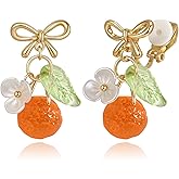 BriLove Cute Funny Stud/Clip on Earrings For Women, Orange Fruit Leaf Earring for Summer Beach Holiday Daily Wear Costume Accessories