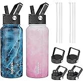 BJPKPK 2 Pack Insulated Water Bottles with Straw Lids, 32oz Stainless Steel Metal Water Bottle with 6 Lids, Leak Proof BPA Free Jugs, Cups, Flasks for Travel, Sports (Blossom+Ocean)