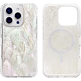 Sesty Magnetic Case for iPhone 16 Pro 6.3 inch Compatible with MagSafe Charging Bling Shiny Real Seashell Pattern Protective Cute Cover (Beige Mother of Pearl)
