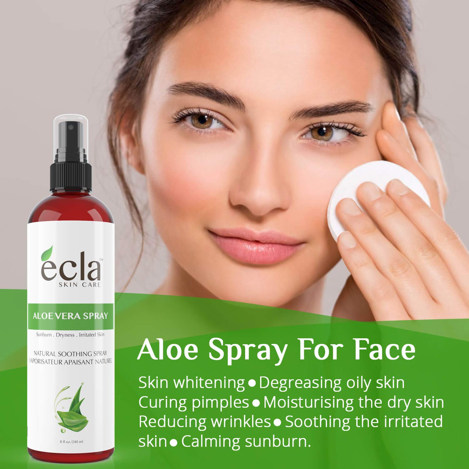 Aloe Vera Spray Mist for Face Body and Hair - Made in Canada with Organic Real Juice (Not Powder) and Seaweed 8 Oz - 240ml Natural Formula Toner to Moisturize and Rebalance Skin and Relieve Sunburns