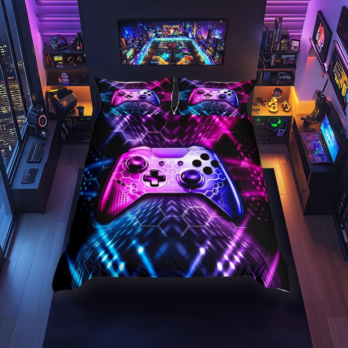 feelingyou Geometric Gamepad Duvet Cover King Size,Modern Gamer Comforter Cover with 2 Pillowcase for Teens Adults,Kids Blue Pink Neon Bedding Set,Video Games Breathable 3 Pieces Decorative Bed Cover