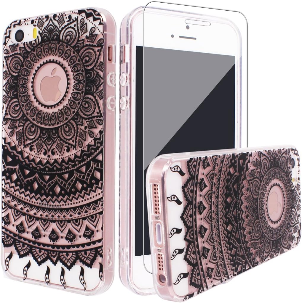 Yoowei iPhone SE Case, iPhone 5 5s Silicone Case [with Tempered Glass Screen Protector], Crystal Clear Tribal Henna Mandala Floral Totem Series Protective Case for iPhone SE/5/5s, Black Mandala