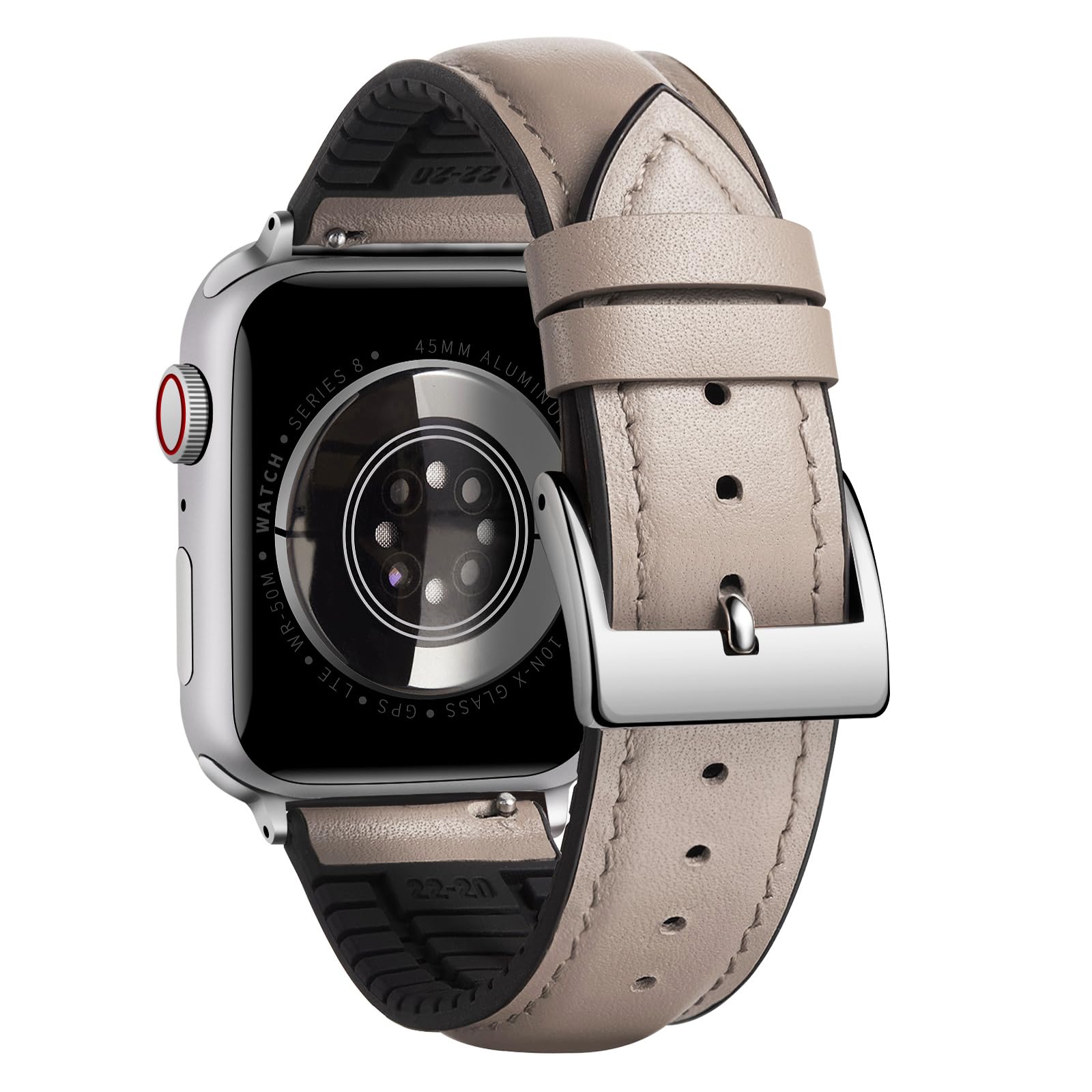 BINLUN Compatible with Apple Watch Bands Leather Soft Silicone Inner Hybrid Sweatproof 42mm 44mm 45mm 46mm 49mm Watch Strap for iWatch Ultra SE Series 11/10/9/8/7/6/5/4/3/2/1(Silver Buckle,Beige)