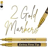 ARTISTRO 2 Gold Acrylic Paint Pens for Rock Ceramic Wood Glass Metal Fabric Plastic - 0.7mm Metallic Paint Markers Ideal for 