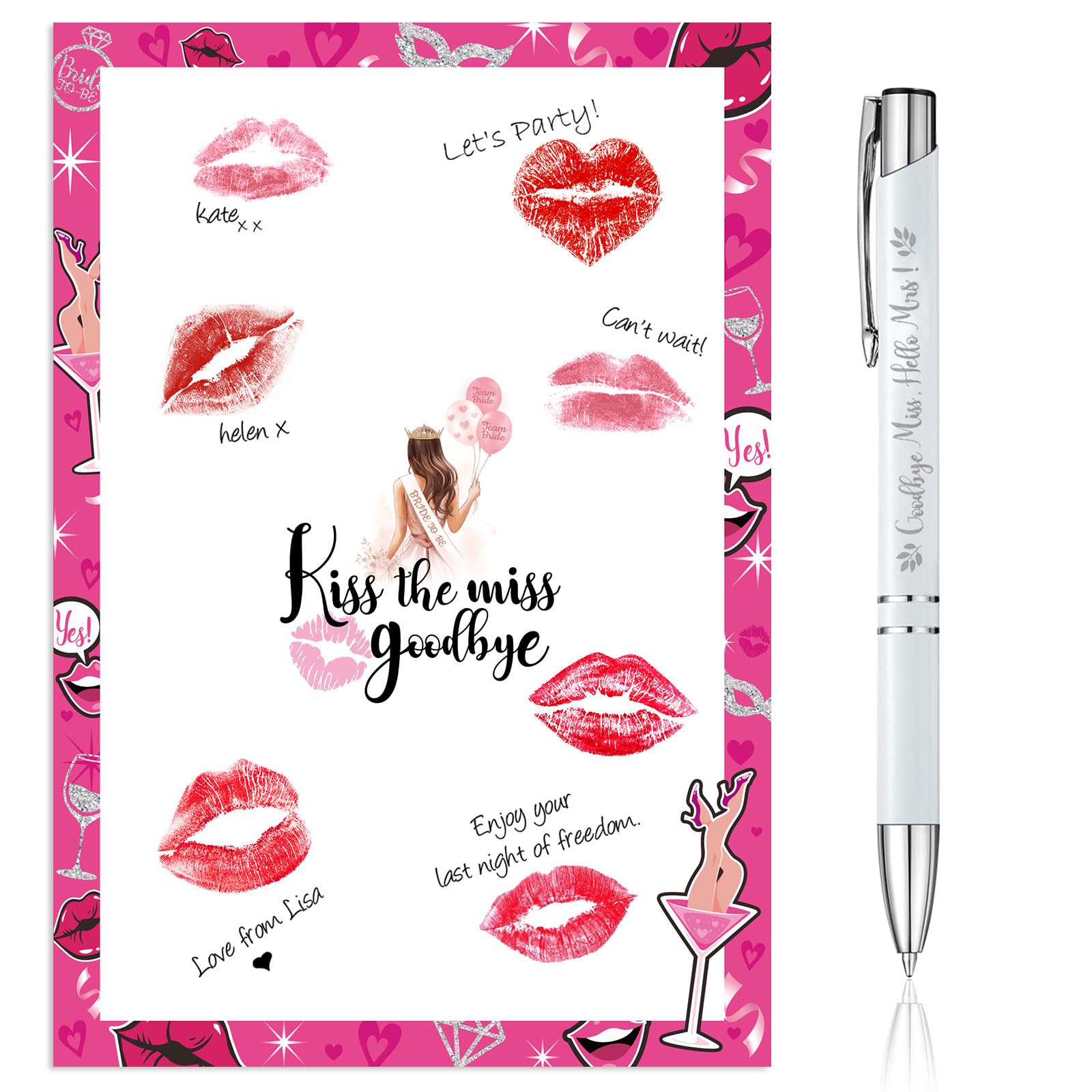 HOWAF Kiss The Miss Goodbye Sign Hen Party Games Hen Do Accessories Hen Party Keepsake Hen Do Gifts for the Bride to Be, Hen Night Bridesmade Game Accessories, with Pen, Easel, A4 Size