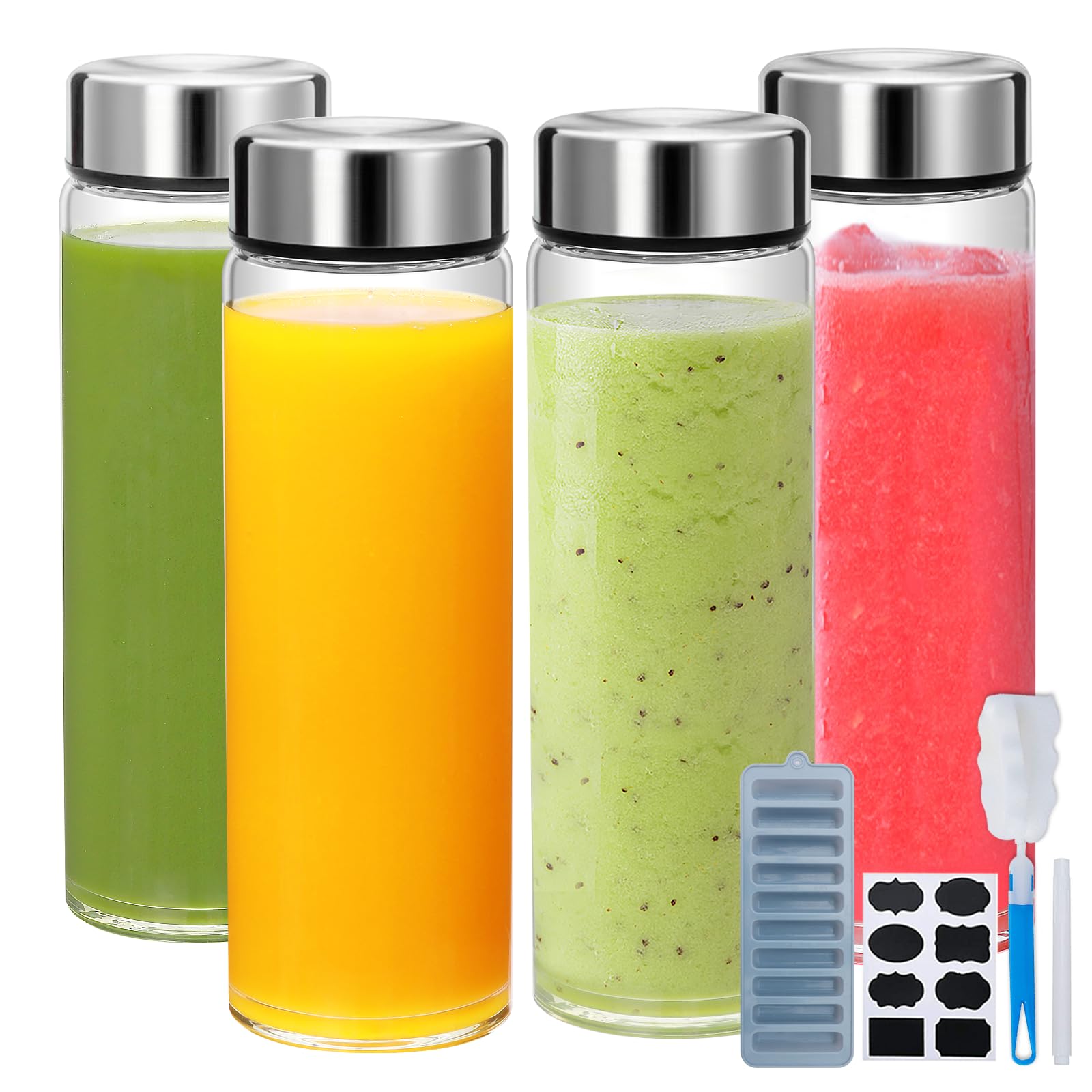 Photo 1 of 16oz Juice Bottles with Lids,4 Pack Wide Mouth Glass Bottles with Stainless Steel Cap,Reusable Glass Water Bottles for Juicing, Smoothies, Infused Water,Beverage Storage,BPA Free,Leakproof