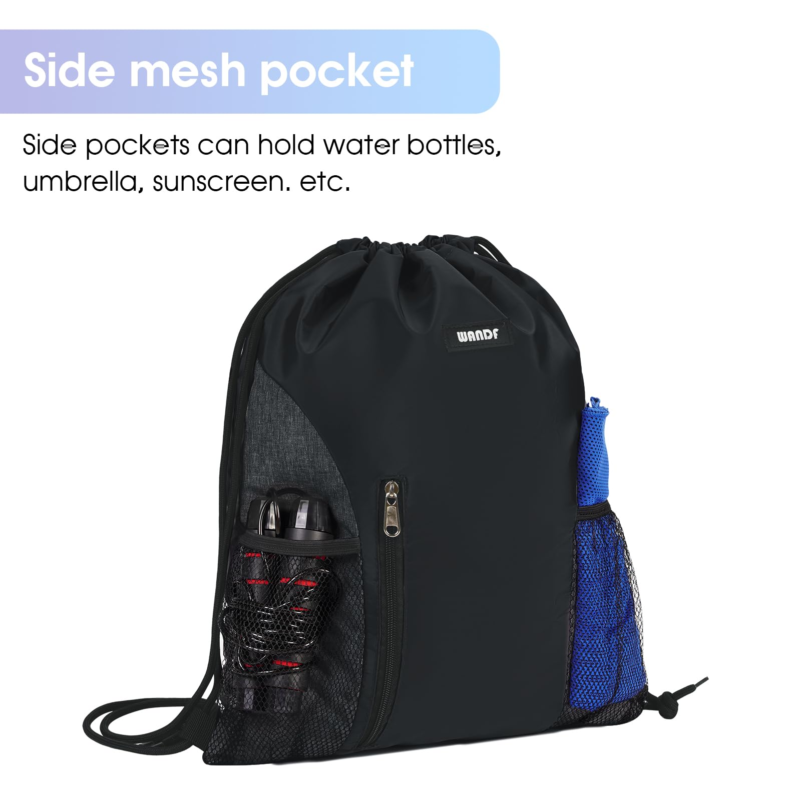 WANDF Drawstring Backpack Sports Gym Sackpack with Mesh Pockets Water Resistant String Bag for Women Men(Black)