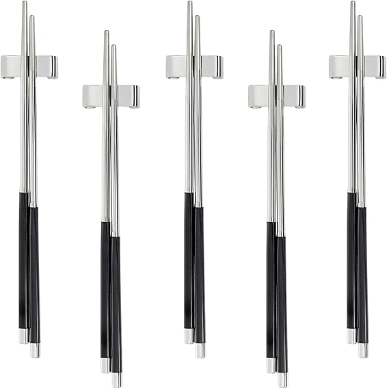 Chefarone Essstäbchen Edelstahl - 5 Paar ESS Stäbchen für einen modernen Sushi Genuss - Japanische Chopsticks mit Ablage - 24