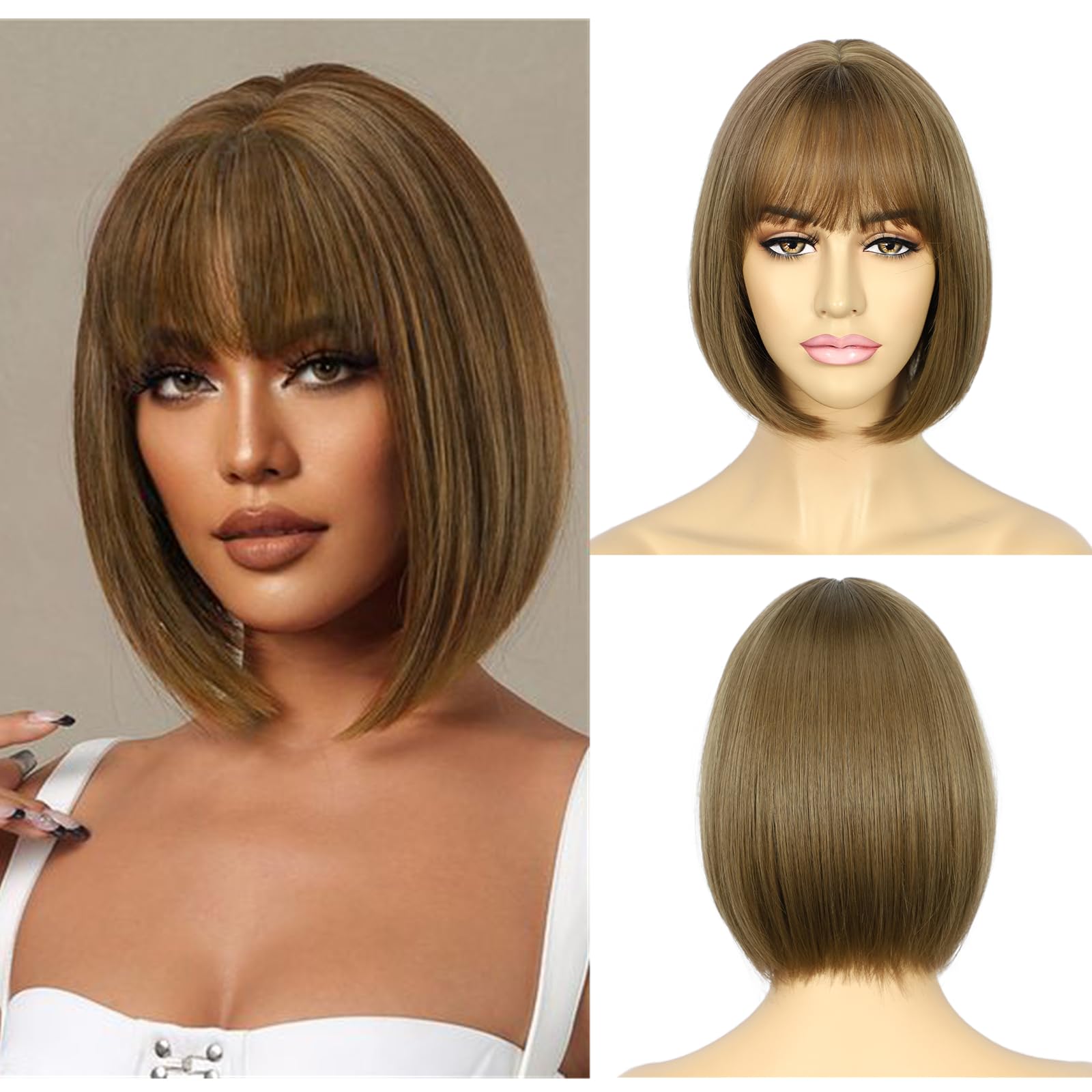 Sapphirewigs Brown Bob Wigs for Women Brown Bob Wig with Bangs Short Hair Daily Party Natural Looking 12 inch — image 1