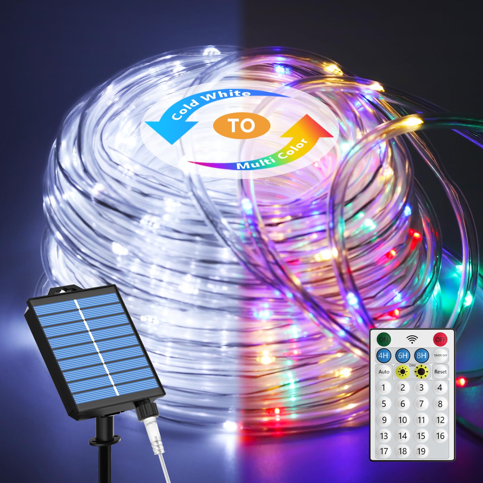 Photo 1 of ICRGB Solar Lights Outdoor, 66FT 200LED 1800mah Solar Rope Lights with Remote, Type C, 19 Modes and Timer, IP67 Waterproof for Outdoor Christmas Pool Patio Porch Tree Wedding, Cool White to Multicolor