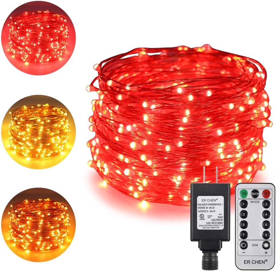 ErChen Dual-Color LED String Lights, 100 FT 300 LEDs Plug in Copper Wire Color Changing 8 Modes Dimmable Fairy Lights with Remote Timer for Indoor Outdoor Christmas (Red/Warm White)