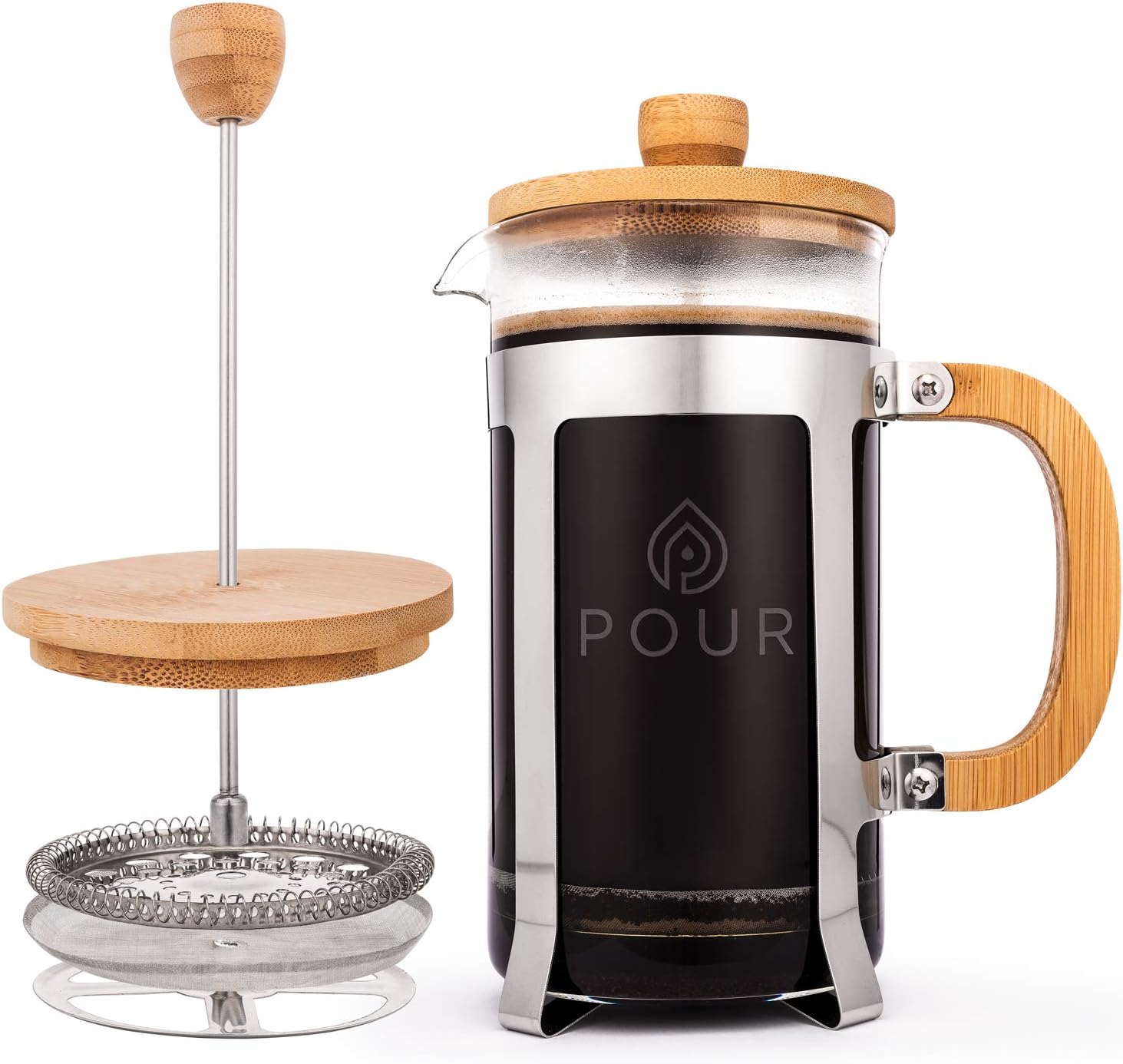 French Press Coffee Maker by Pour, Thick Borosilicate Glass, Bamboo Lid, and Stainless Steel Filter, Eco-Friendly Coffee Brewing – Dishwasher Safe - For Grounds and Loose Tea 36oz./1000M