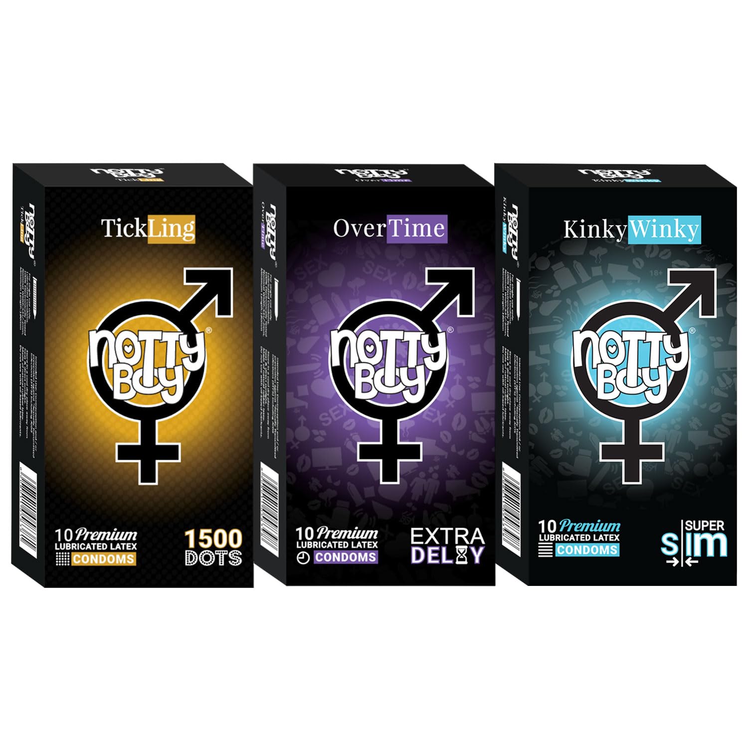 NottyBoy Multi Pack Condom - Pack of 30, Ultra Thin, Studded with 1500 Dots, Extra Time, Straight Walled, Regular Size