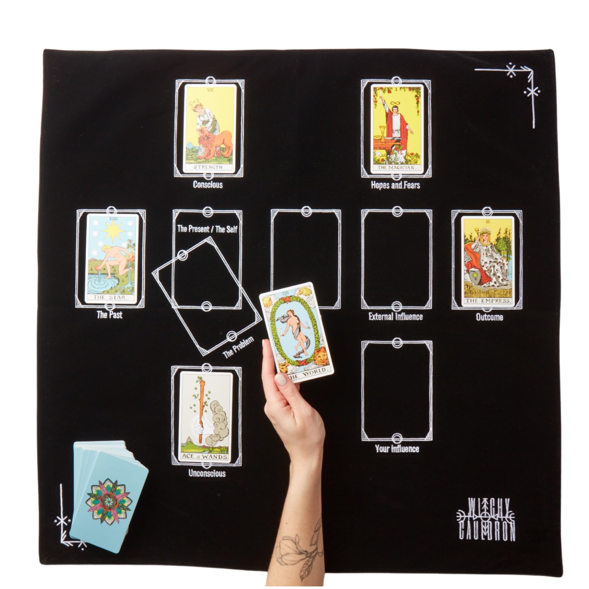 Witchy Cauldron Tarot Divination Table Cloth for Reading and Altar Cloth Moon Alter, Witchy Embroidery Velvet Silk Touch Satin Celtic Cross (Black) — image 1