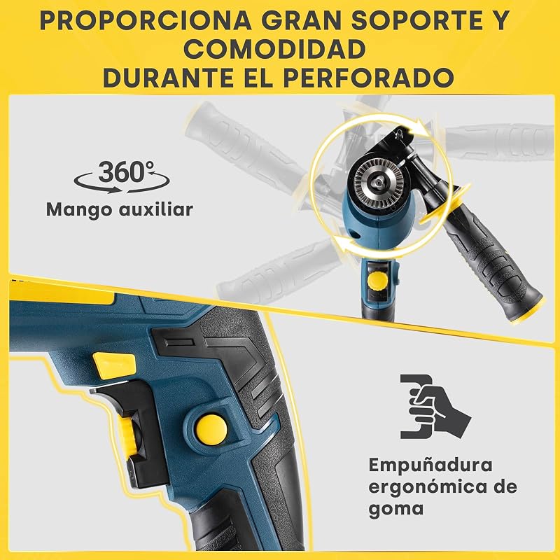 Taladro Percutor con Cable 750W, Mango Auxiliar de 360°