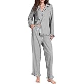 COZYPOIN Womens Striped Pajamas Set 2 Piece Cotton Button Pjs Sleepwear Cute Ruffle Long Sleeve Shirt Pants Lounge Set