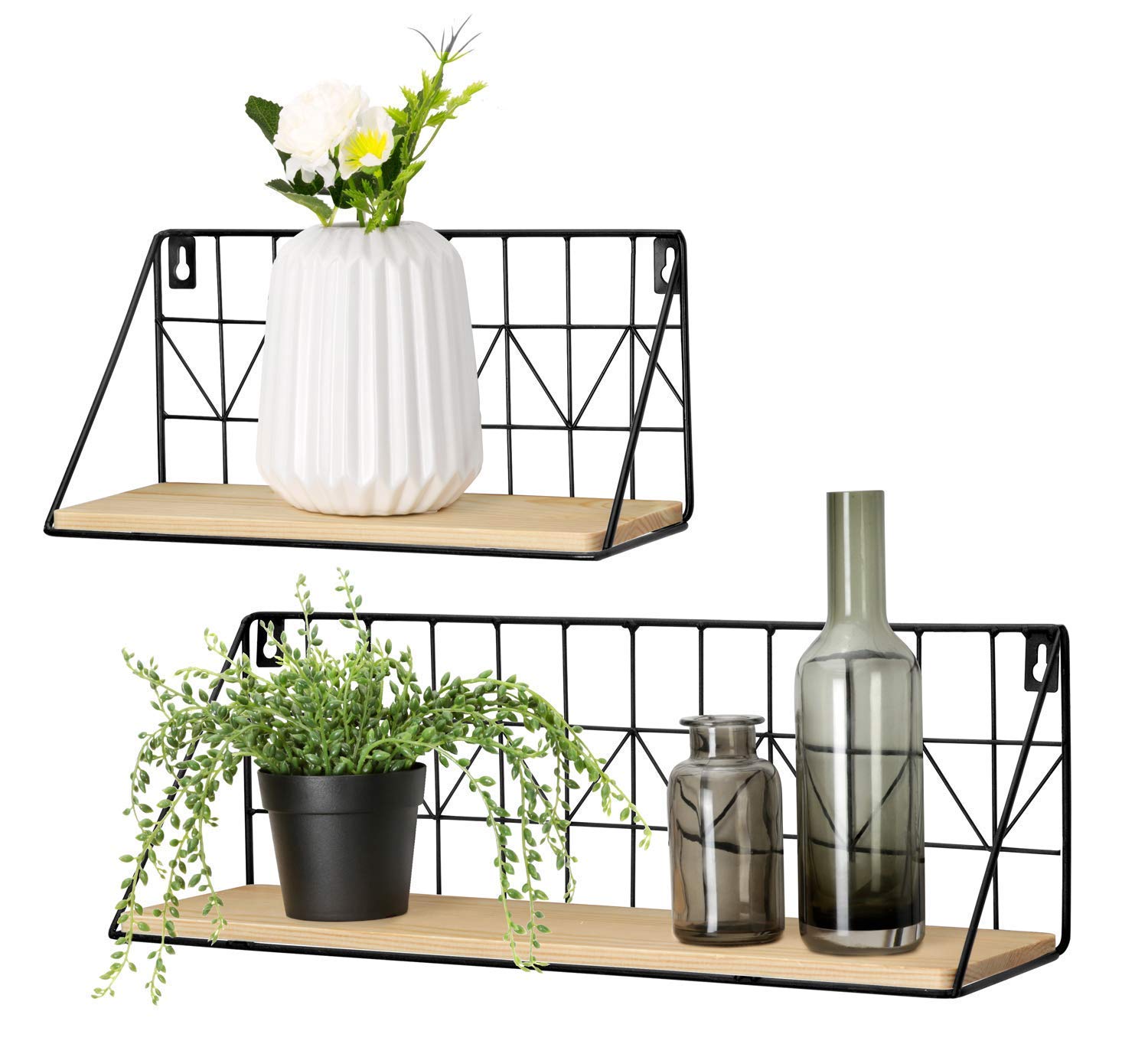 Mkouo Floating Shelves Wall Mounted 2 Pack Rustic Metal Wire Grid Basket Natural Wood Shelf Photos Plant Display Decoractive Shelving for Living Room Bathroom Kitchen, 43cm/29cm