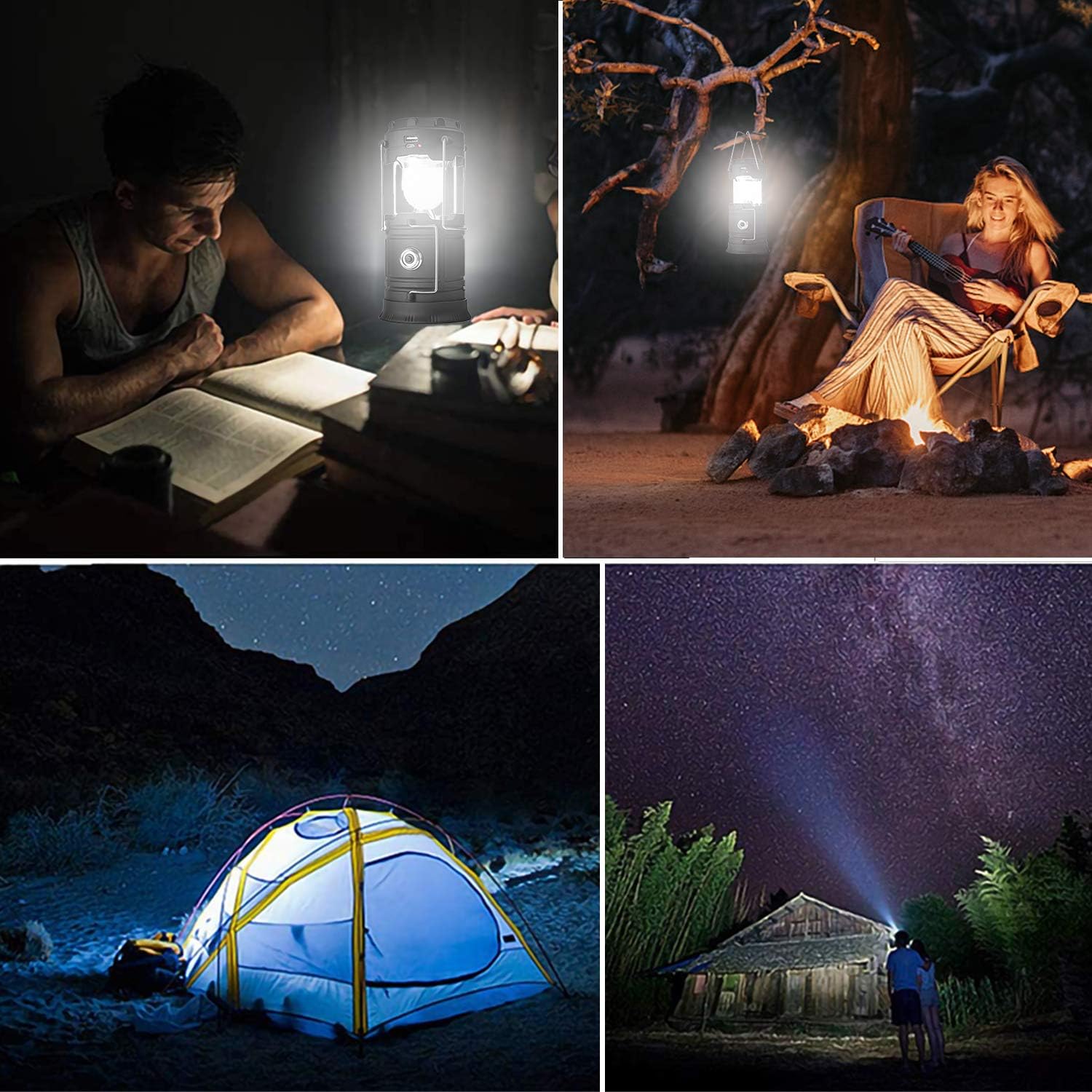 Solar Lantern Flashlights, USB Rechargeable Camping Lantern Led, Collapsible & Portable for Emergency, Hurricanes, Power Outage, Storm (Black 1) - - 