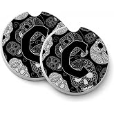 Caroline's Treasures CJ2008-CCARC Letter C Day of The Dead Skulls Black Set of 2 Cup Holder Car Coasters Absorbent Sandstone Coasters for Car Cup Holders Gifts for Men or Women, Large, Multicolor