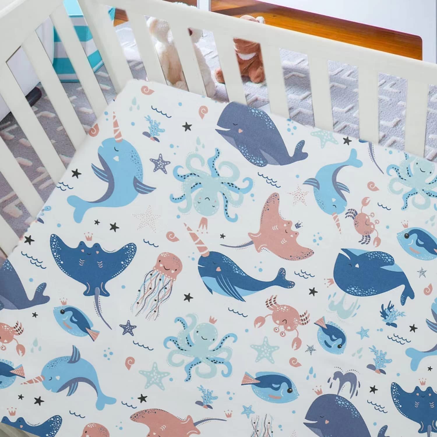 Cot Bed Sheets for Girl Boys | Fitted Crib Sheets 60x120cm | Easy Care Soft Cotton and Dureable, Unique Dinosaur Print Toddler Mattresses — image 1