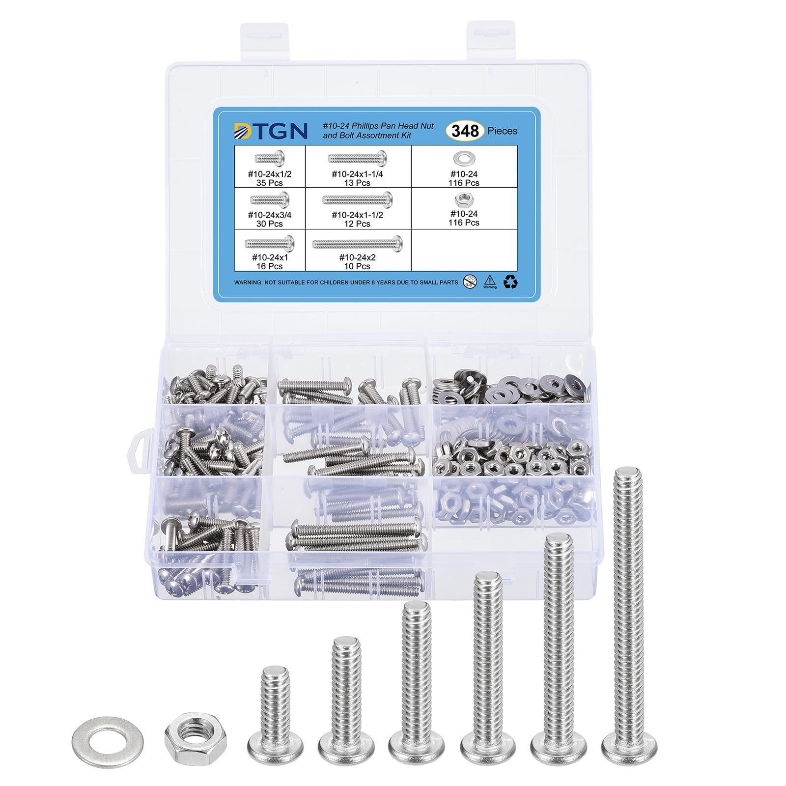 DTGN 348Pcs Machine Screws Assortment Kit, #10-24 Phillips Pan Head Nut and Bolt Assortment Kit, 304 Stainless Steel, Phillips Drive Pan Head Bolt Assortment With Washers