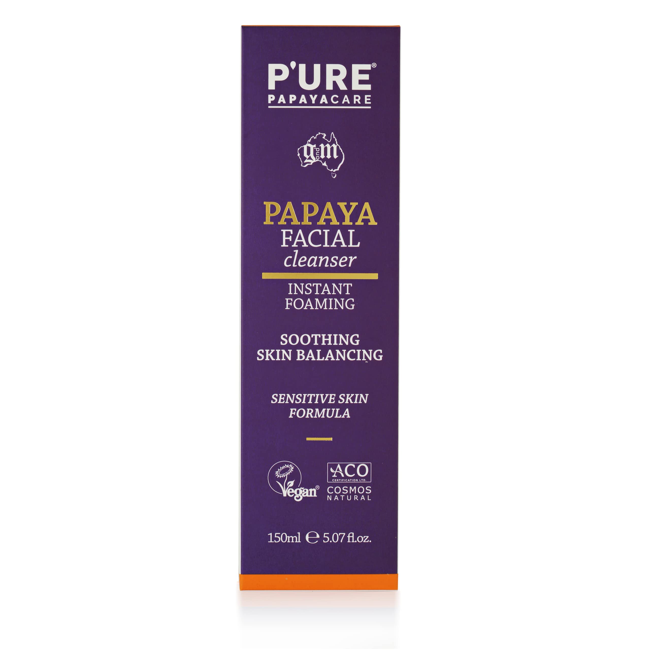 P'URE PAPAYA CARE Foaming Facial Cleanser 150ml - Vegan Make Up Remover, Exfoliating Face Wash - Papaya Enzymes, Bilberry Extract, Calendula Face Wash - Sensitive Skin - Cruelty Free Natural Skincare