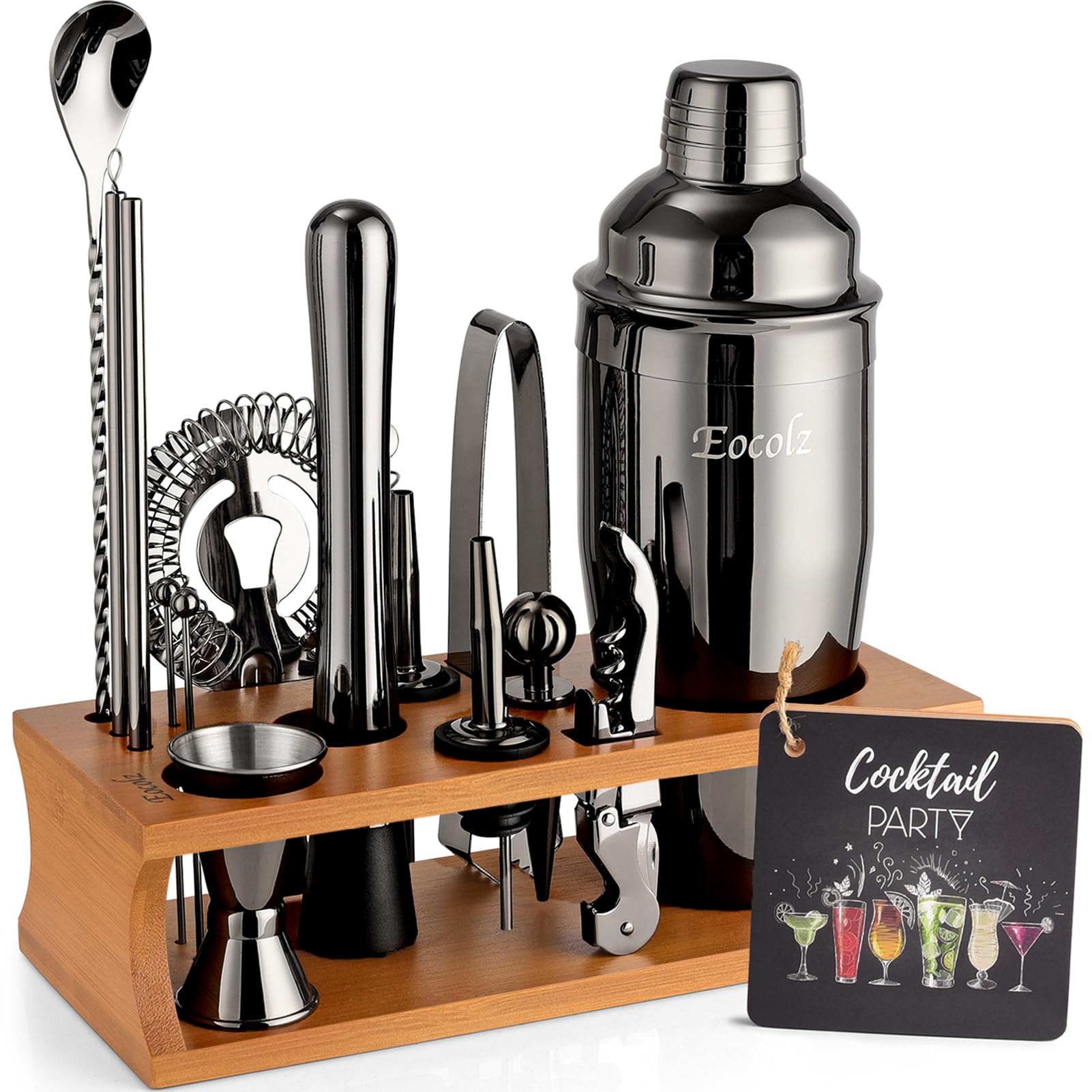Cocktail Making Set, Cocktail Shaker Set 750ml Stainless Steel Bar Tool Set Bartender Kit with Bamboo Display Stand for Home & Bar (Black Cobbler - 17PCS)
