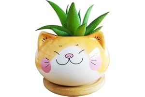 Cuteforyou Cute 3.5 Inches Indoor Cartoon Animal Cat Shaped Ceramic Succulent Cactus Flower Plant Pots with Bamboo Tray-Plant Not Included (Yellow)