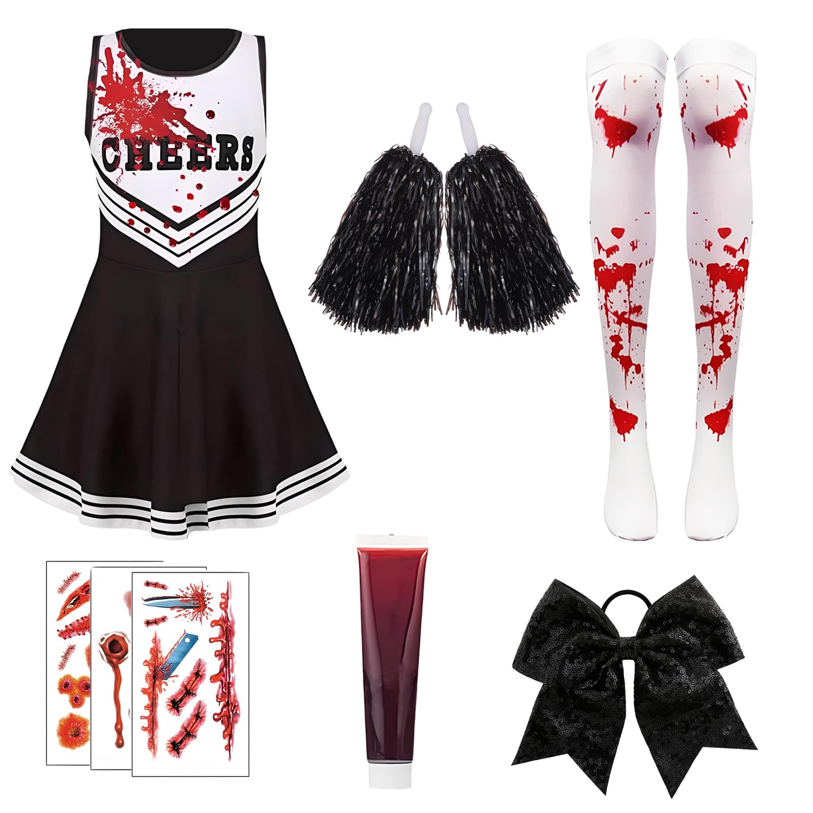 9 PCS 140 Yards Zombie Cheerleader Costume Set, Halloween Costumes Halloween Costumes with Fake Blood and Knee Length Tube Socks, Black Cheerleader Outfit (Suitable for people aged 15 and above)