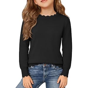 Haloumoning Girls Crewneck Sweater Long Sleeve Scallop Trim Fall Sweaters | Kids Casual Soft Knit Pullover Tops 5-14Y, Skin-f