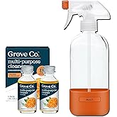 Grove Co. Multi-Purpose Cleaner, Refill Concentrate (2 x 1 Oz) + Glass Spray Bottle (16 Oz), Plant-based Household Cleaning Supplies Bundle, No Plastic Waste, 100% Natural Orange & Rosemary Scent