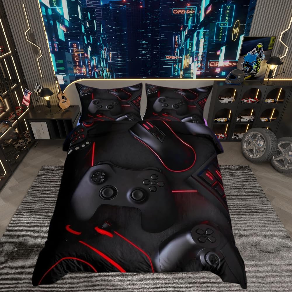 Kids Gamepad Duvet Cover Set Teens Video Game Controller Bedding Set Single Size For Boys Children Bedroom Decor Soft Modern Gamer Console Comforter Cover Black Red Quilt Cover With 1 Pillow Case
