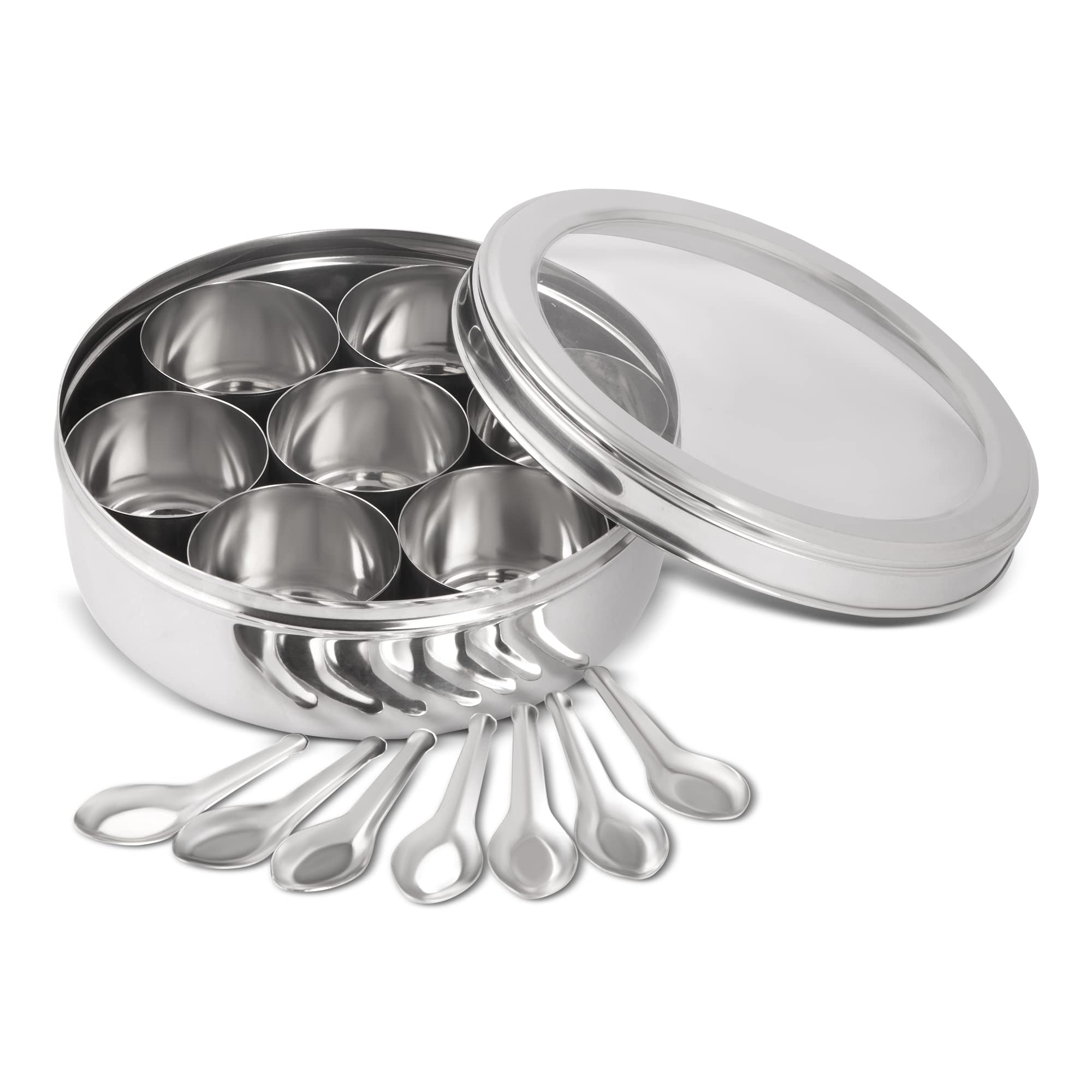 KSJONE See Through Spice Container Masala Dabba With 7 Compartments and 7 Spoons, Masala Box, Spice Container Box, Stainless Steel Spice Box Indian with Transparent Lid, 22.86cm