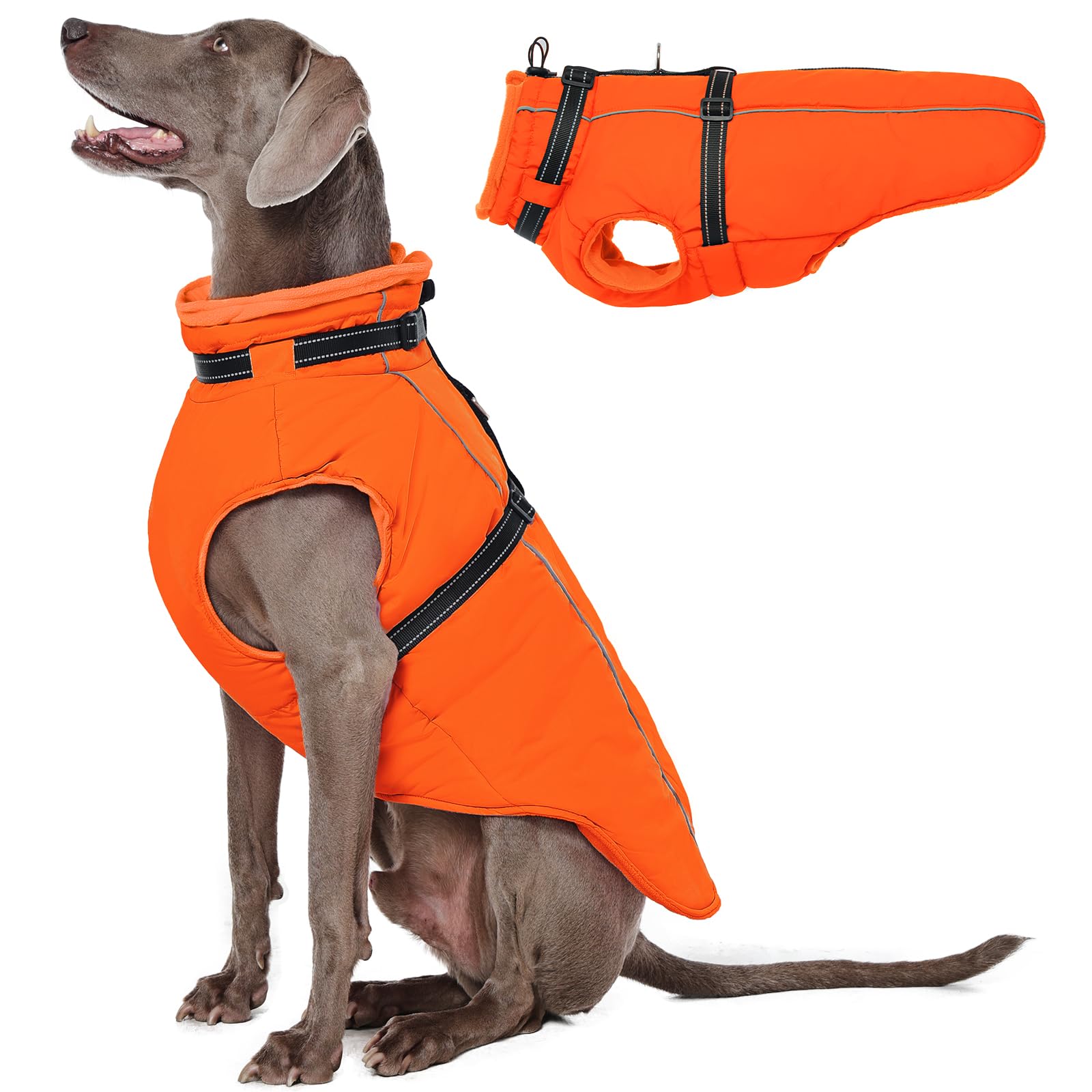 Lelepet Winter Warm Dog Jacket with Built-in Harness, Windproof Fleece Lined Coat for Large Dogs, Reflective Cold Weather Vest with Adjustable Buckle, Border Collie, Orange XL