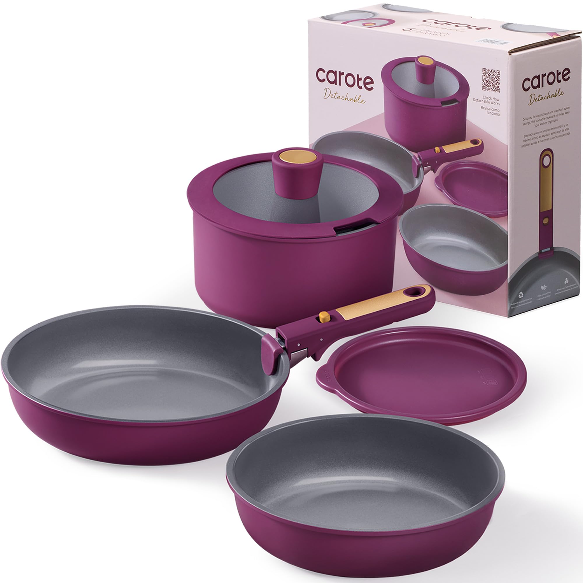CAROTE Ceramic Pots and Pans Set, Nonstick Cookware Set Detachable Handle, 6pcs Induction Kitchen Cookware Sets Non Stick with Removable Handle, RV Cookware Set, Oven Safe, Purple Image