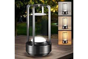 Yunaking Portable Table Lamp for Outdoor Indoor: Cordless Rechargeable Desk Lamp with 3 Color Stepless Dimmable - Metal Battery Operated Lantern Light for Bedroom/Bar/Coffee Shop/Camping (Black)