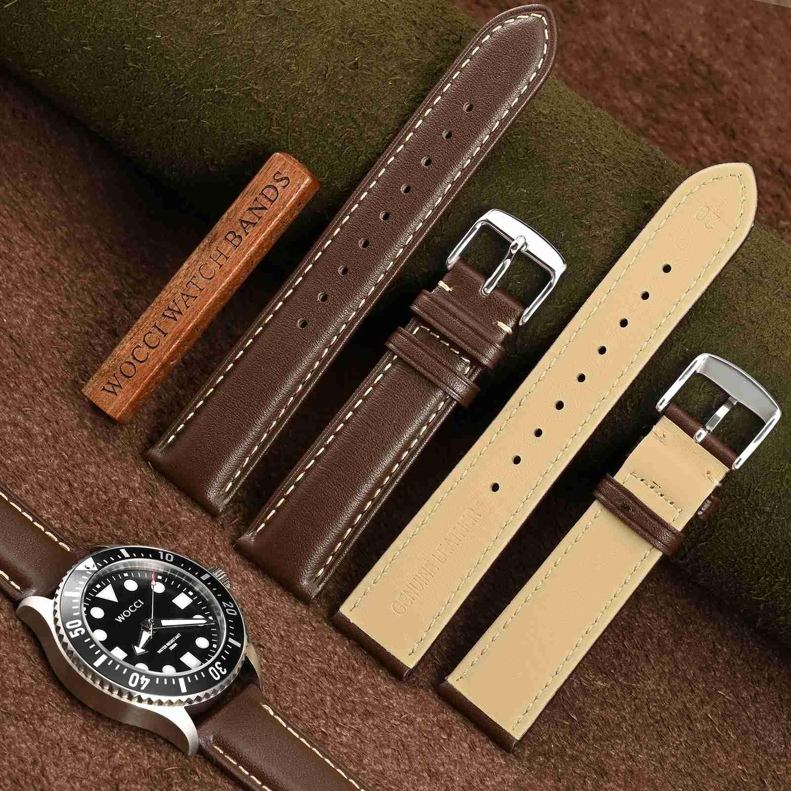 WOCCI 20mm Vintage Leather Watch Band for Men and Women, Silver Buckle (Dark Brown/Contrasting Stitch)