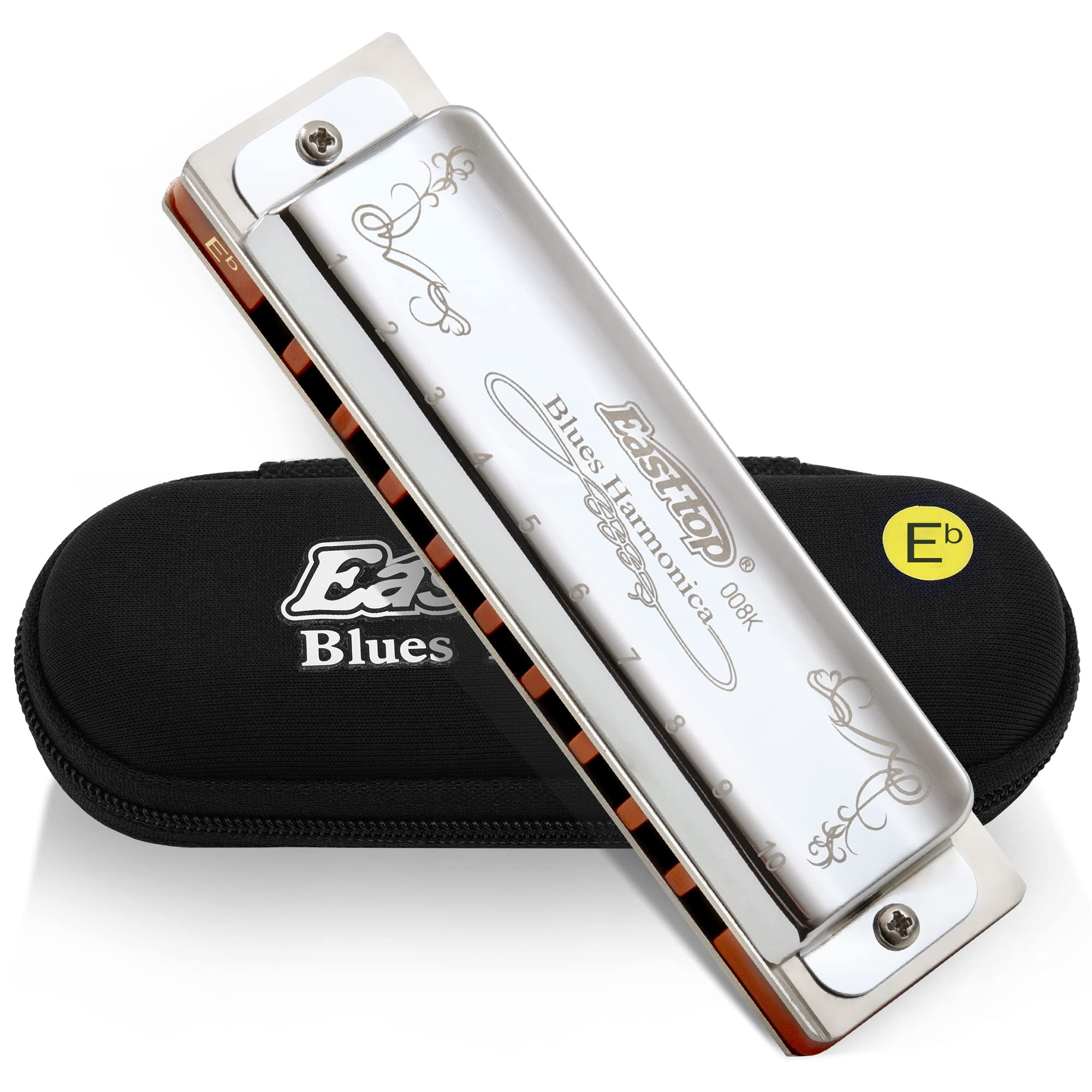 East top Diatonic Harmonica Key of Eb, Mouth Organ 10 Holes 008K with Silver Cover, Blues Harmonicas For Adults, Professionals, Beginners and Students