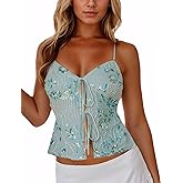 Ythomm Women Sequin Cami Tank Tops Sparkle Rhinestone Sleeveless Camisole Tie Up Front Backless Y2k Crop Tops Summer Clubwear Green