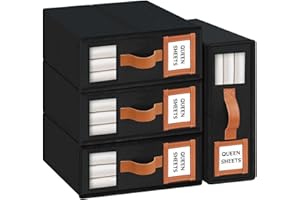 LHZK Foldable Bed Sheet Organizers and Storage - 4 Pack (Queen & King Size), Black with Leather Handle, Window and Label