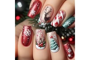 GCSQW Christmas Press on Nails Medium Square Snowflake Fake Nails Christmas Tree Reindeer False Nails Holly Candy Cane Artificial Glue on Nail Red Green Full Cover Stick on Nail for Women 24Pcs