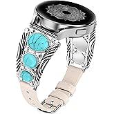 Minyee Leather Band Compatible with Samsung Galaxy Watch 7/6/5/4/FE/Active 2 40mm 44mm/Watch 6 Classic 43mm 47mm/Watch 5 Pro 45mm Band Women, Western Turquoise Boho Vintage Jewelry 20mm Watch Strap