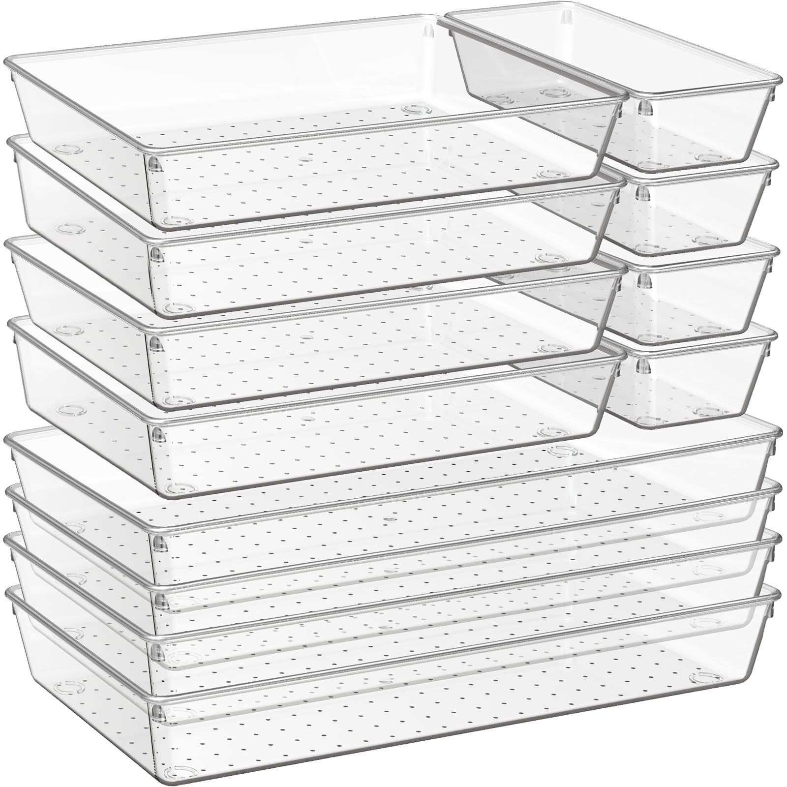 Photo 1 of Criusia 12 Pack Large Clear Plastic Drawer Organizer Trays | MULTI-USE Acrylic Drawer Storage for Kitchen, Bathroom, Makeup, Office, School, Undies | College Dorm Room, Home Apartment Essentials